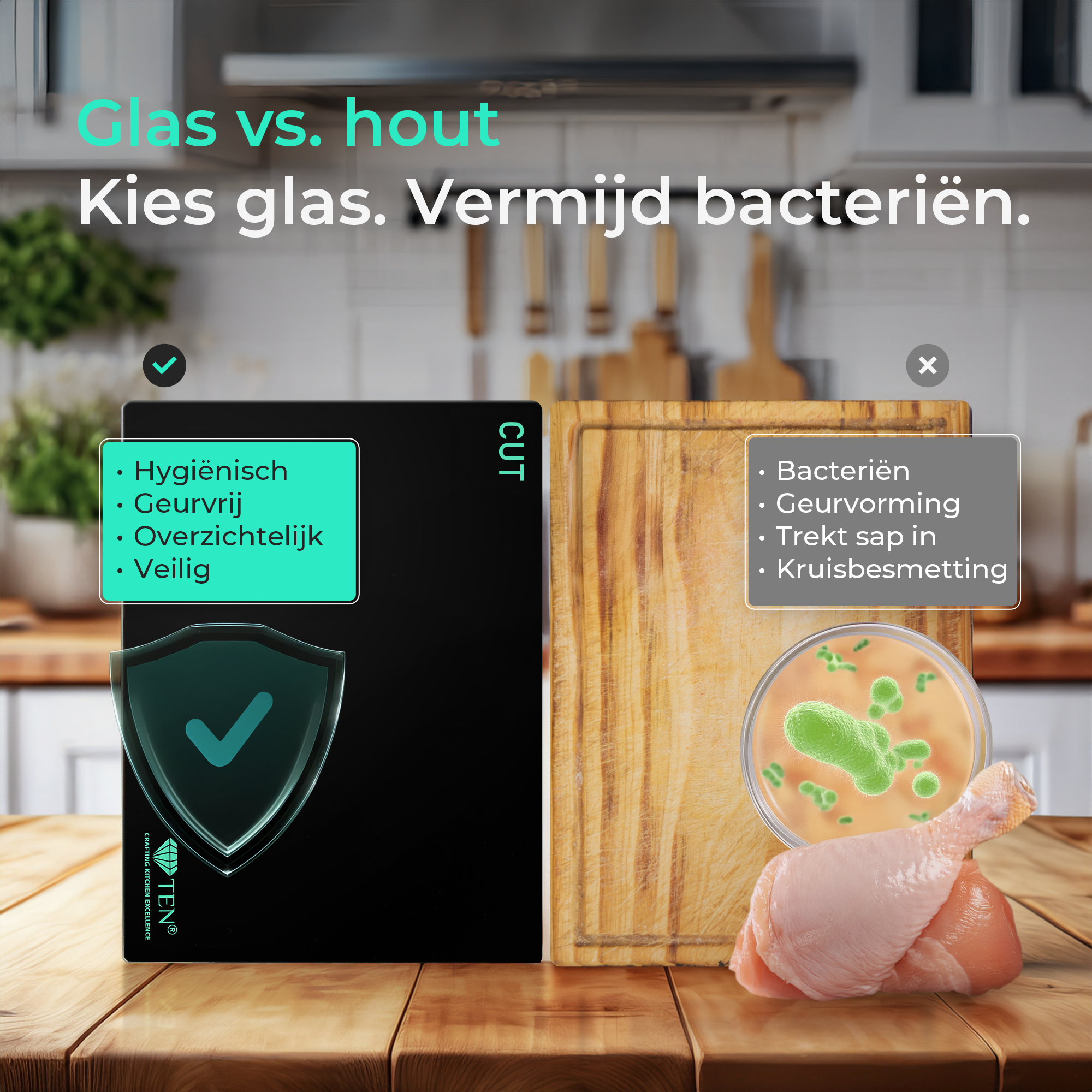 TEN® - Glazen Snijplankenset met Houder - Chef's set
