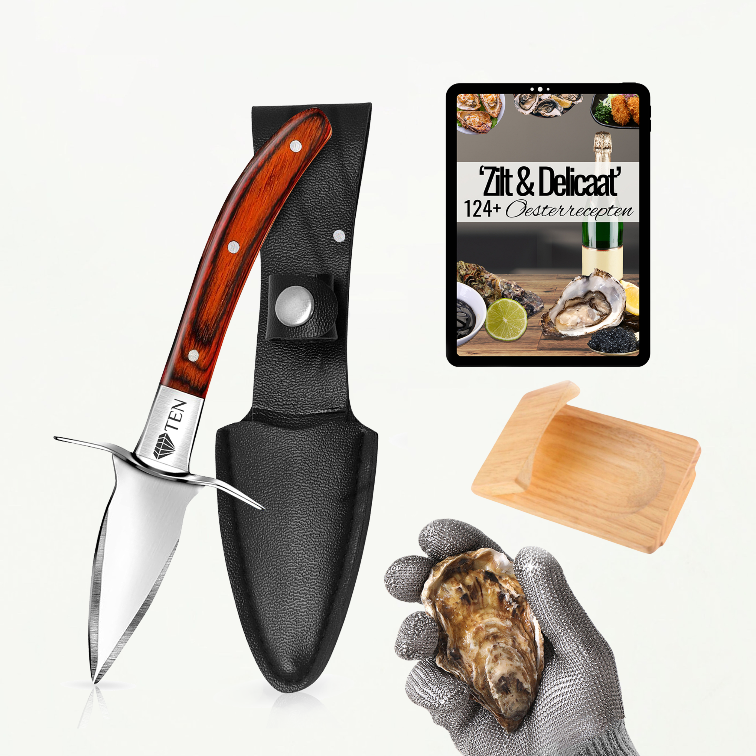 TEN® Oesterset 4-delig - Oestermes met RVS Oesterhandschoen - Bruin - Tenkitchen.store
