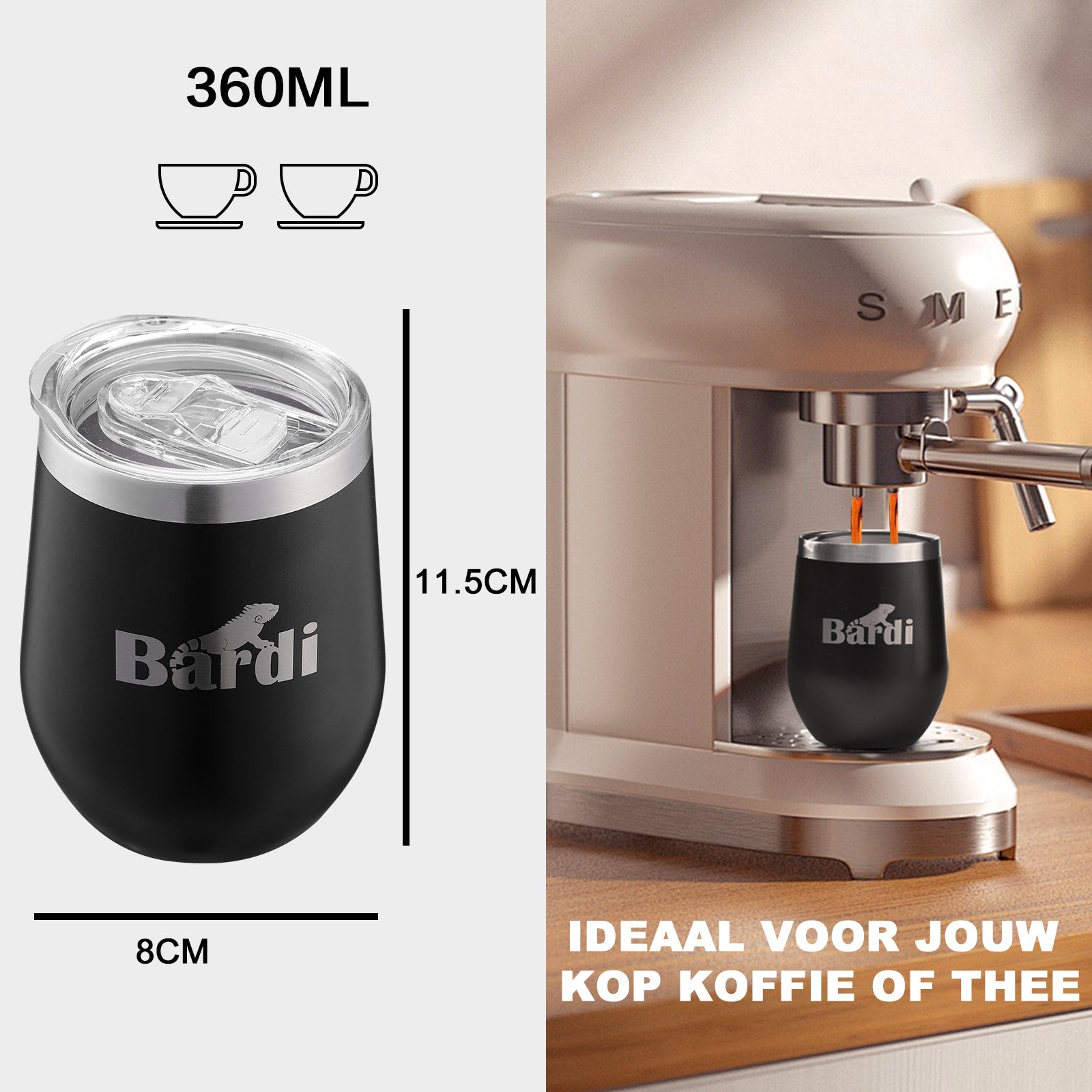 Bardi Thermosbekers 0,3L RVS zwart set -  incl. deksels - dubbelwandig