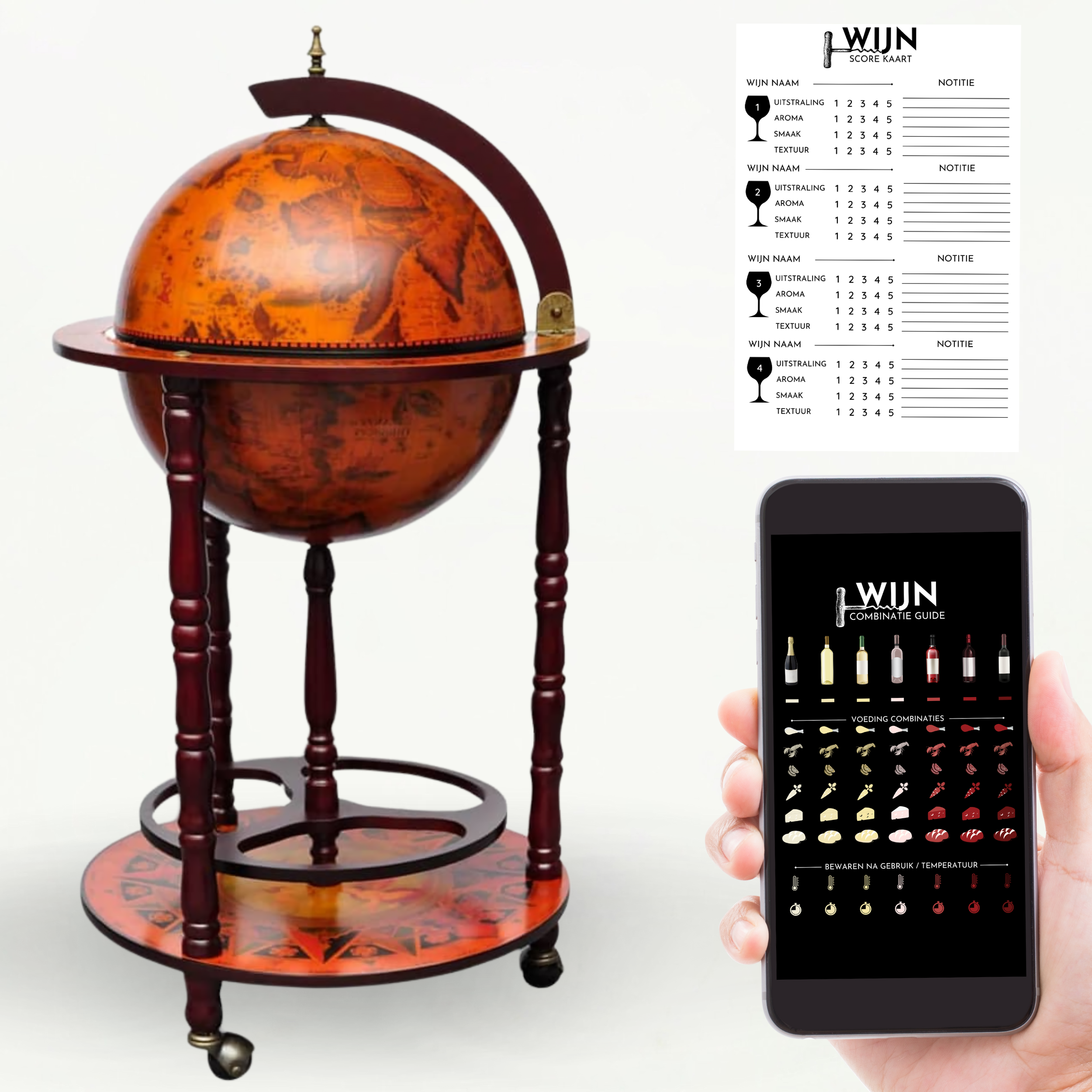 Globebar Eucalyptushout 47 x 47 x 102cm - Wijnbar Vintage - Tenkitchen.store